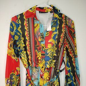 PETITE MIXED-PRINT CHIFFON MIDI SHIRTDRESS